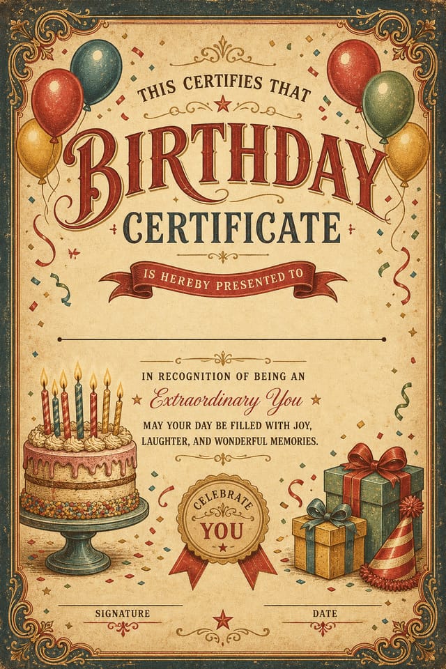 Birthday Certificate — vintage style certificate, featuring balloons, birthday cake, candles, confetti, festive bright colors
