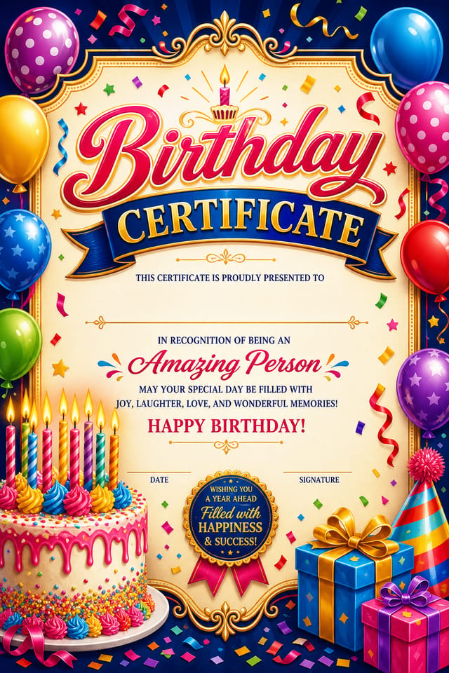 Birthday Certificate — vibrant style certificate, featuring balloons, birthday cake, candles, confetti, festive bright colors