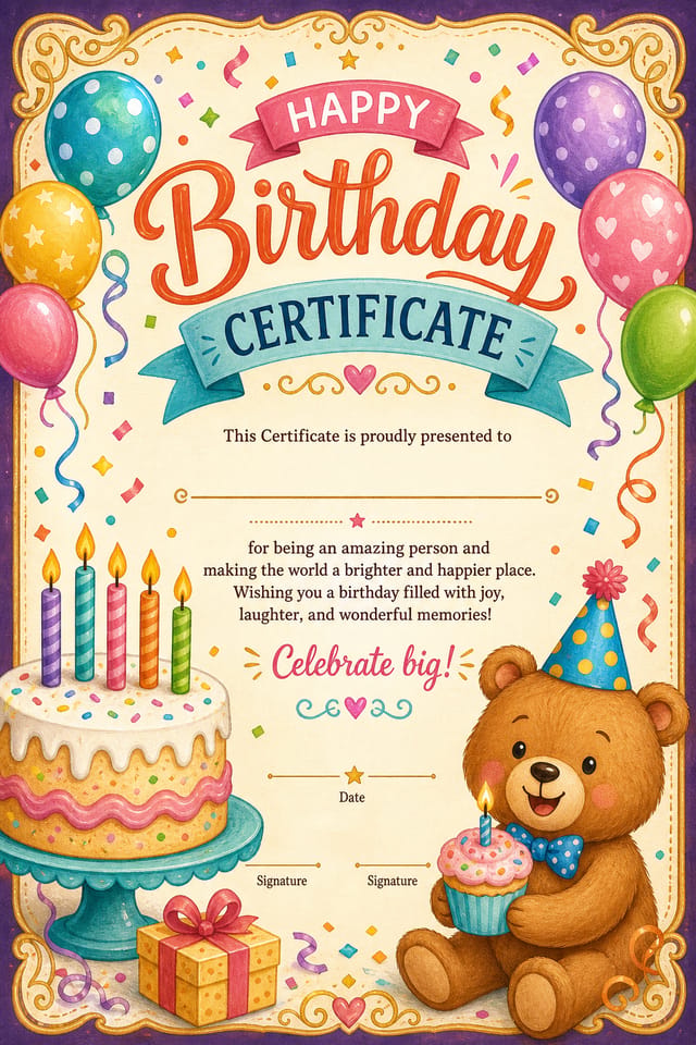 Birthday Certificate — illustration style certificate, featuring balloons, birthday cake, candles, confetti, festive bright colors