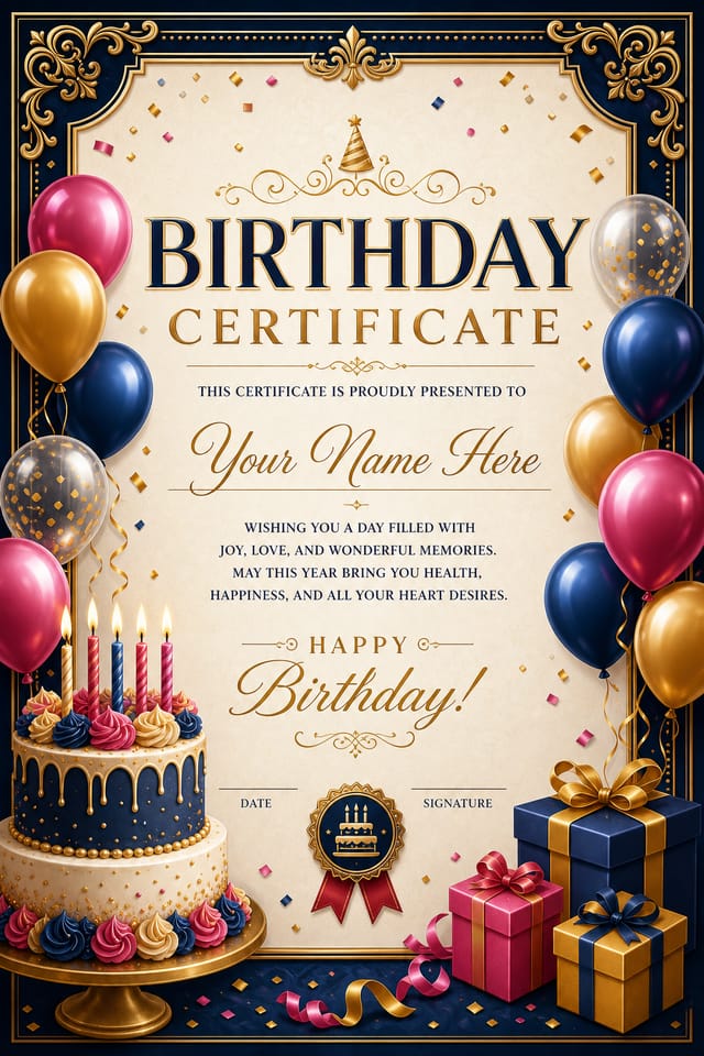 Birthday Certificate — elegant style certificate, featuring balloons, birthday cake, candles, confetti, festive bright colors