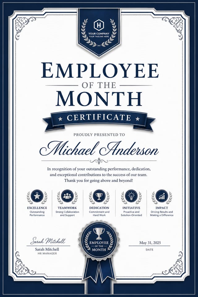 Employee of the Month Certificate — corporate style certificate