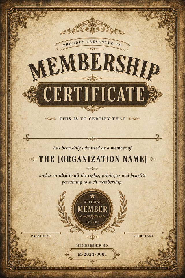 Membership Certificate — vintage style certificate