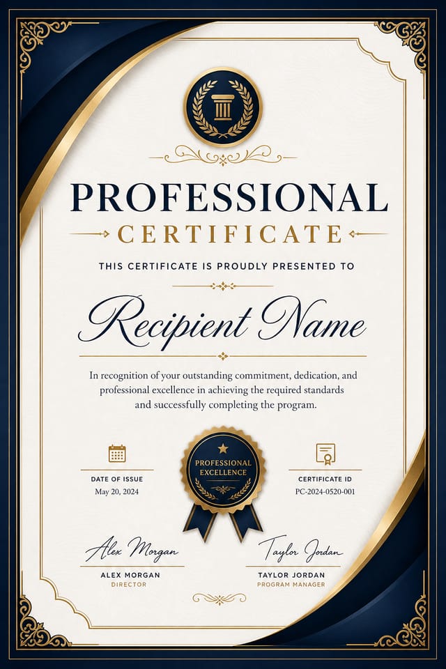 Professional Certificate — elegant style certificate, featuring corporate gradient, clean grid layout, professional palette