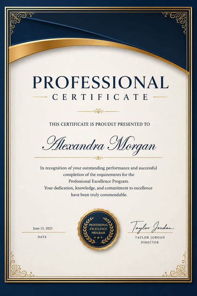 Professional Certificate — photo-realistic style certificate, featuring corporate gradient, clean grid layout, professional palette