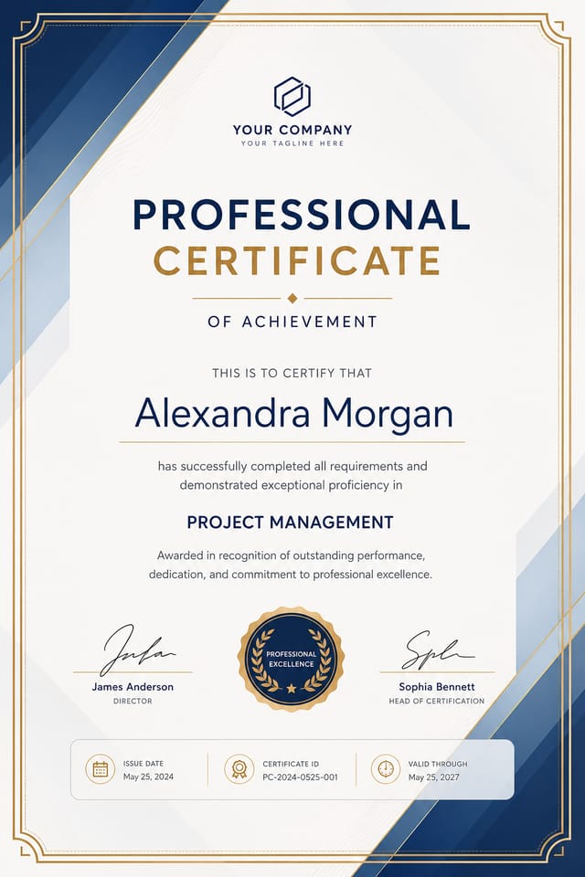 Professional Certificate — modern style certificate, featuring corporate gradient, clean grid layout, professional palette
