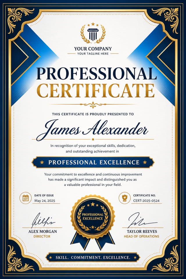 Professional Certificate — vibrant style certificate, featuring corporate gradient, clean grid layout, professional palette
