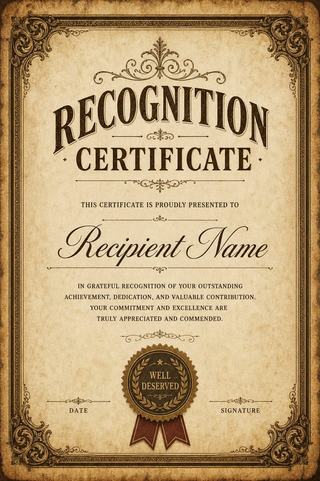 Recognition Certificate — vintage style certificate