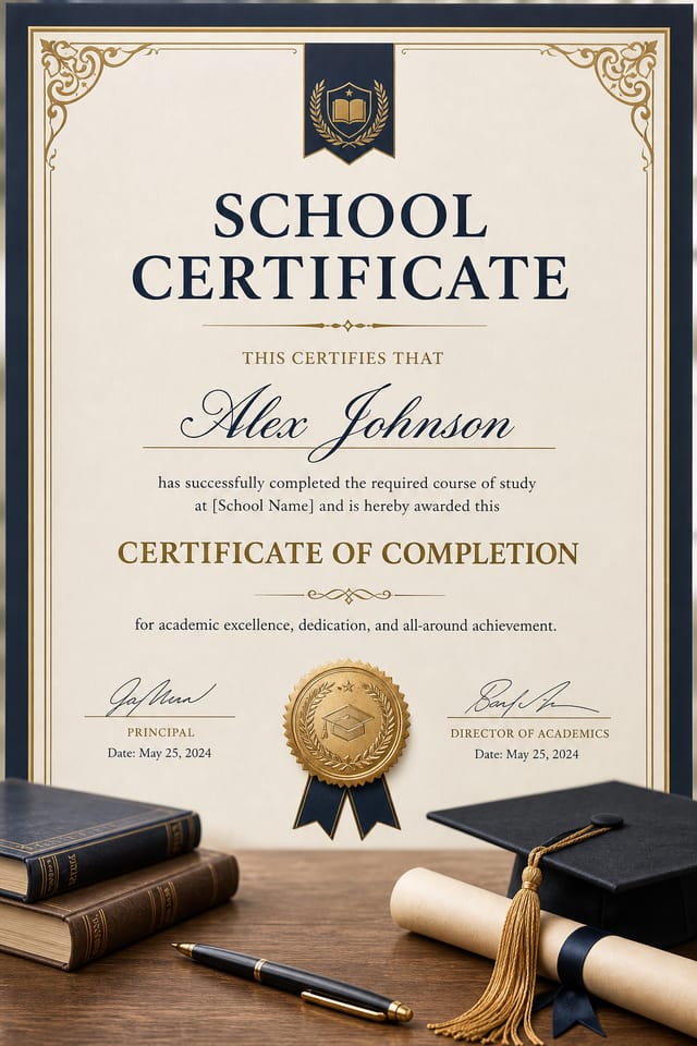 School Certificate — photo-realistic style certificate