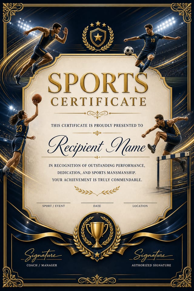Sports Certificate — elegant style certificate, featuring athletic action poses, stadium imagery, dynamic motion lines