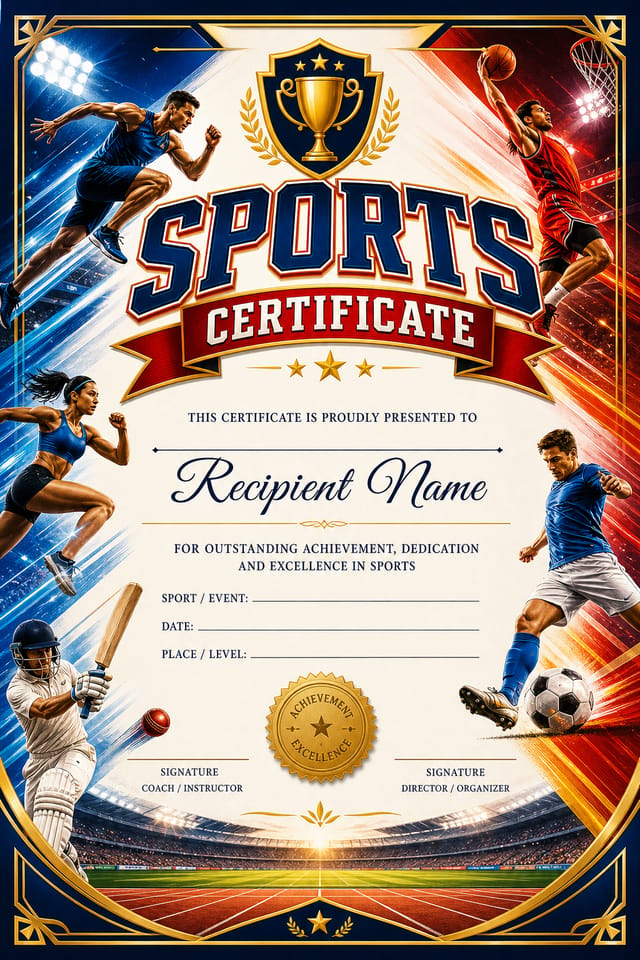 Sports Certificate — vibrant style certificate, featuring athletic action poses, stadium imagery, dynamic motion lines