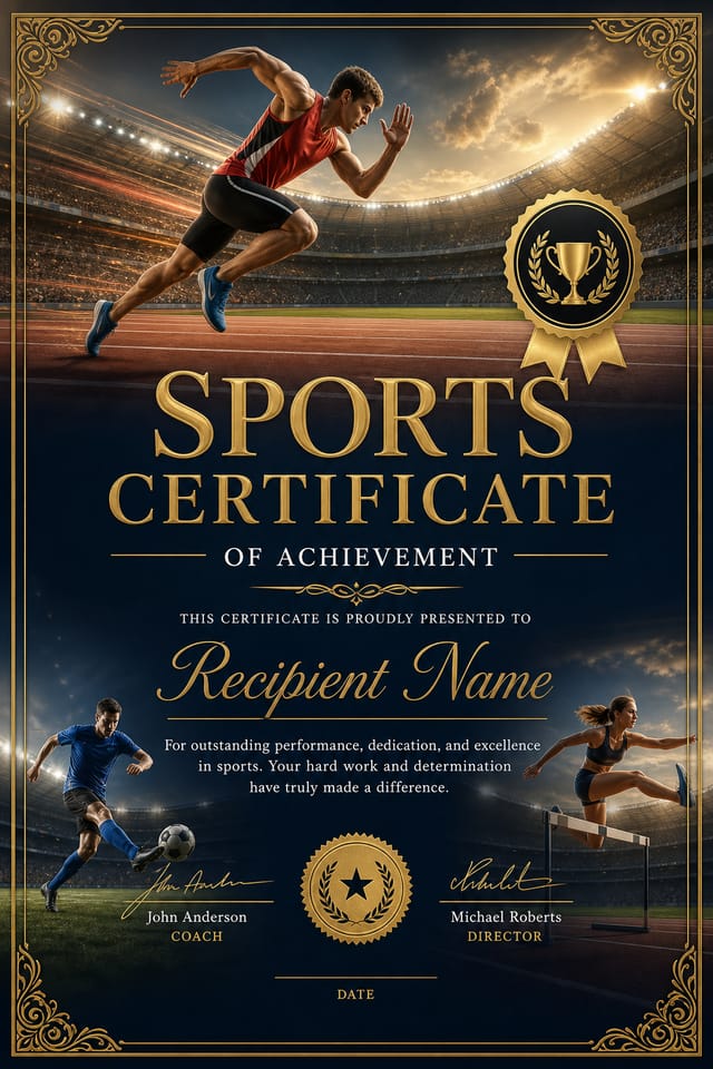 Sports Certificate — photo-realistic style certificate, featuring athletic action poses, stadium imagery, dynamic motion lines