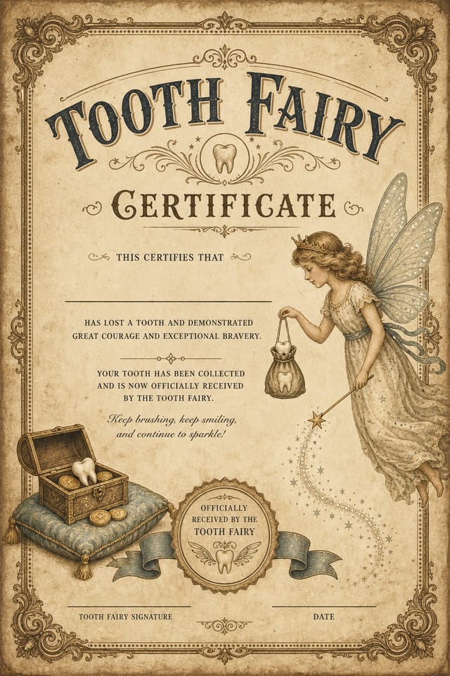 Tooth Fairy Certificate — vintage style certificate