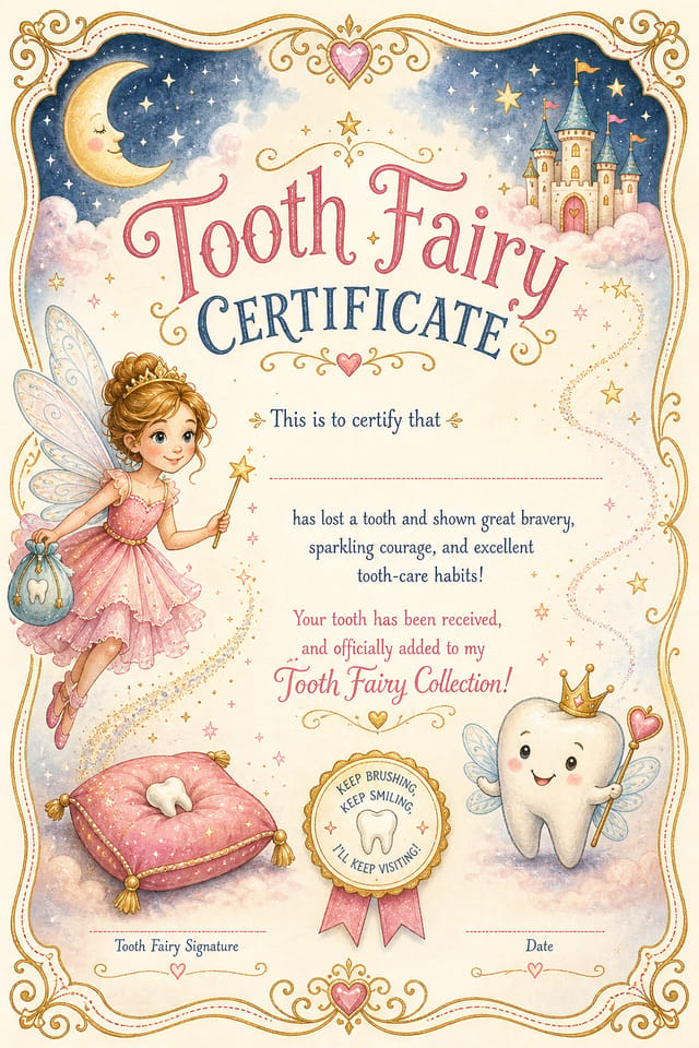 Tooth Fairy Certificate — illustration style certificate
