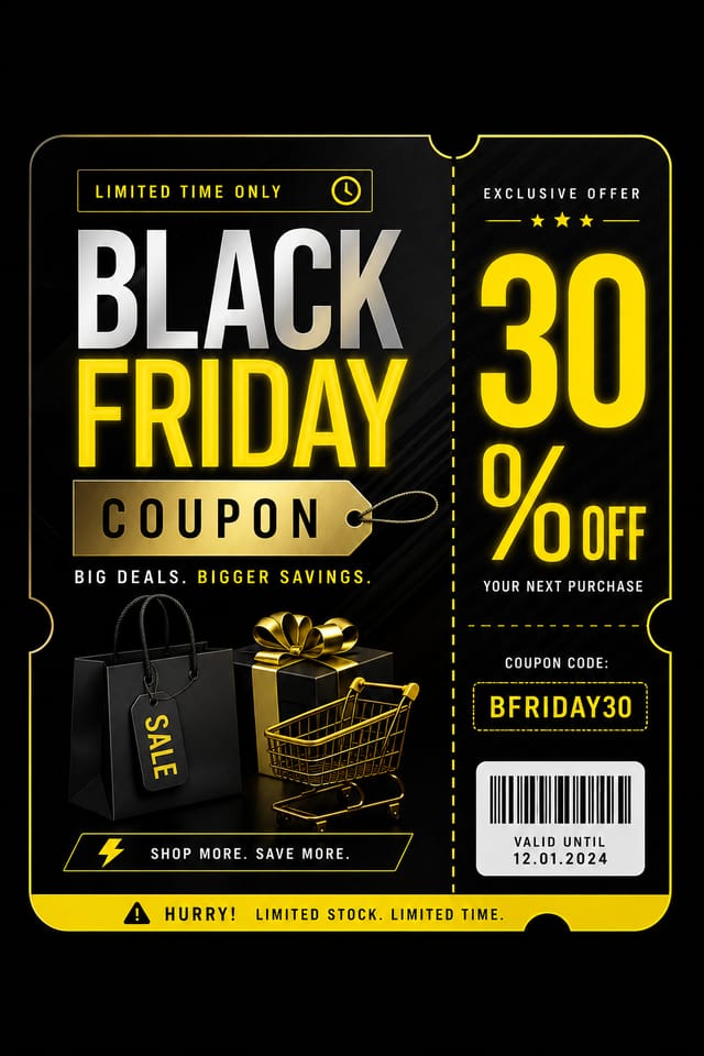 Black Friday Coupon — elegant style coupon, featuring bold black background, neon yellow accents, sale imagery, urgency typography