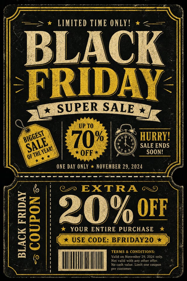 Black Friday Coupon — vintage style coupon, featuring bold black background, neon yellow accents, sale imagery, urgency typography