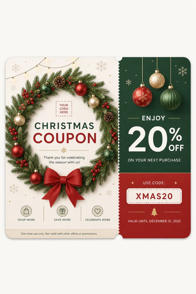 Christmas Coupon — modern style coupon, featuring pine wreaths, ornaments, red and green palette, snowflakes, festive lights