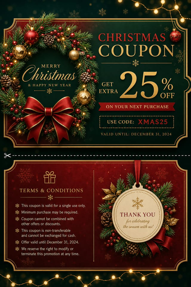 Christmas Coupon — elegant style coupon, featuring pine wreaths, ornaments, red and green palette, snowflakes, festive lights