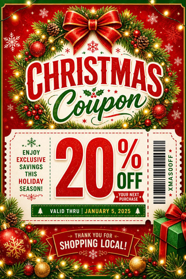 Christmas Coupon — vibrant style coupon, featuring pine wreaths, ornaments, red and green palette, snowflakes, festive lights