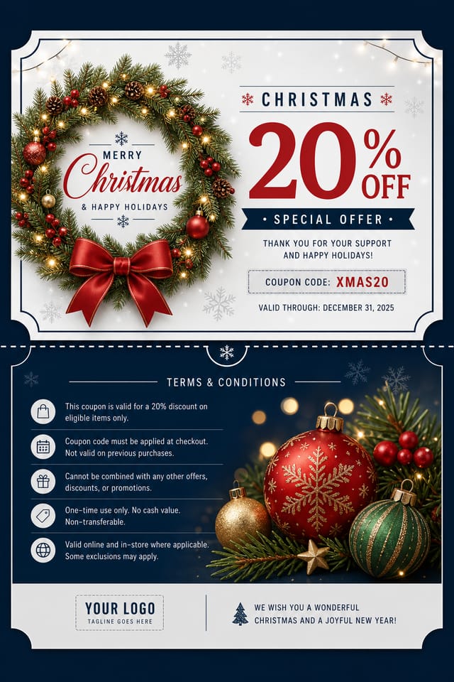 Christmas Coupon — corporate style coupon, featuring pine wreaths, ornaments, red and green palette, snowflakes, festive lights