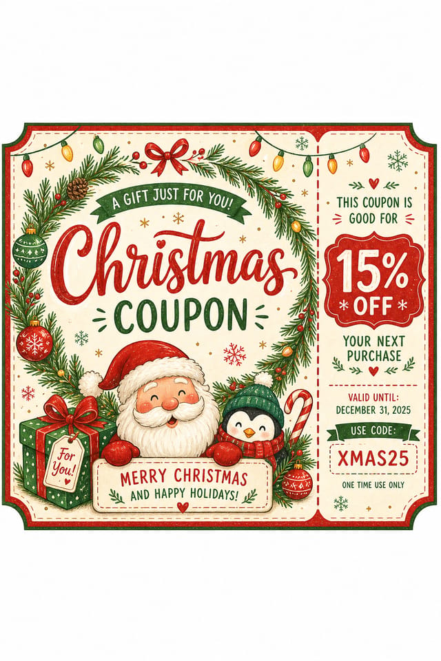 Christmas Coupon — illustration style coupon, featuring pine wreaths, ornaments, red and green palette, snowflakes, festive lights