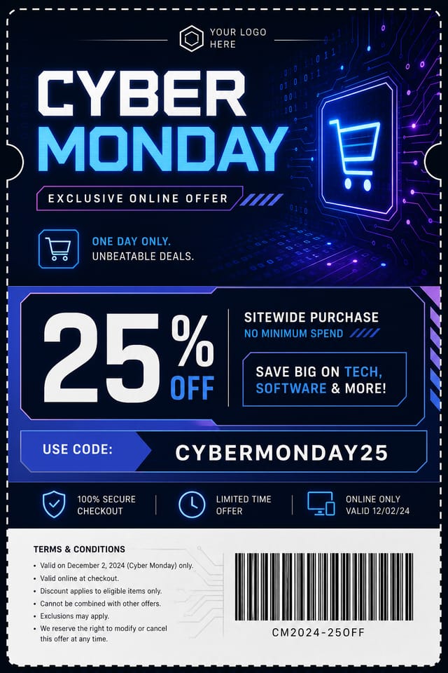Cyber Monday Coupon — corporate style coupon, featuring digital tech imagery, neon blue/purple, code patterns, bold sale typography