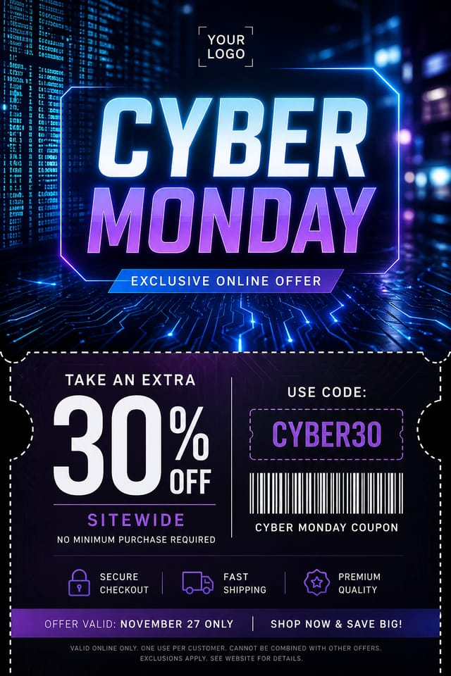 Cyber Monday Coupon — photo-realistic style coupon, featuring digital tech imagery, neon blue/purple, code patterns, bold sale typography