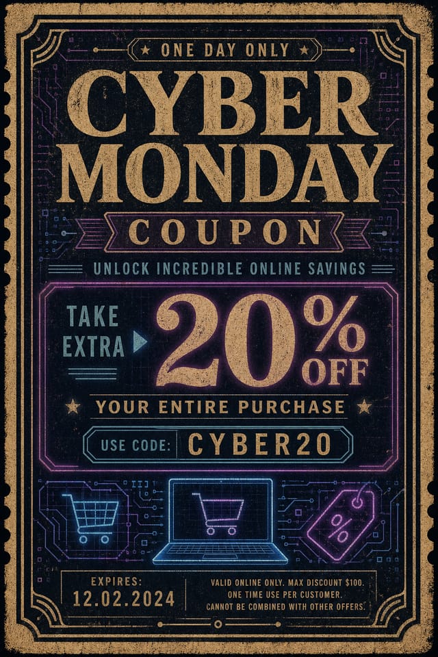 Cyber Monday Coupon — vintage style coupon, featuring digital tech imagery, neon blue/purple, code patterns, bold sale typography