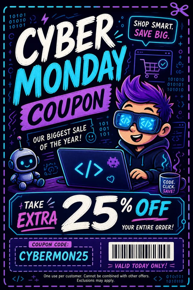 Cyber Monday Coupon — illustration style coupon, featuring digital tech imagery, neon blue/purple, code patterns, bold sale typography