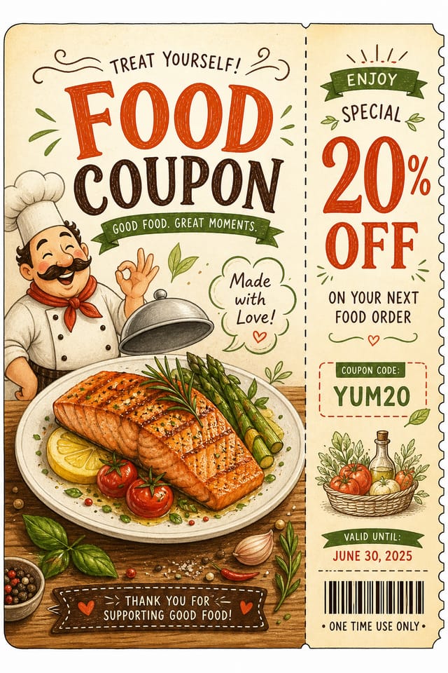 Food Coupon — illustration style coupon, featuring gourmet dish photography, fresh ingredients, warm appetizing tones