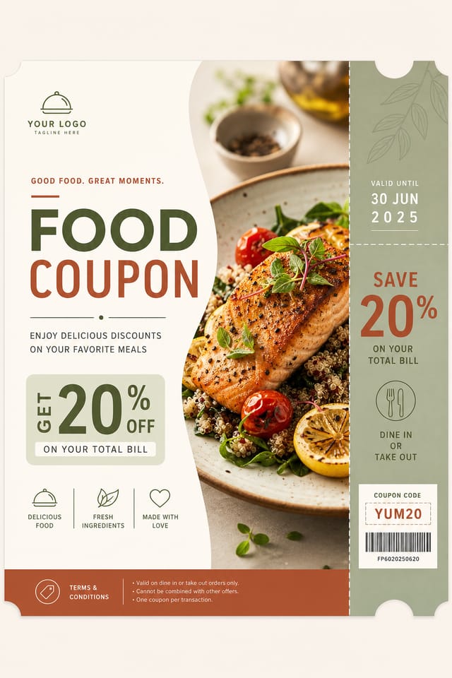 Food Coupon — modern style coupon, featuring gourmet dish photography, fresh ingredients, warm appetizing tones