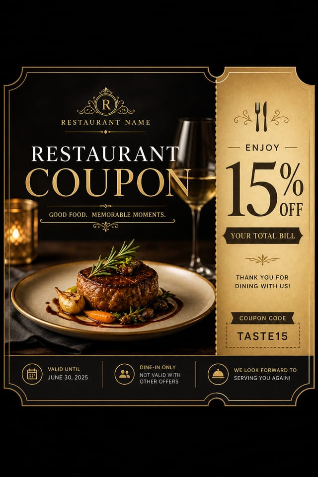 Restaurant Coupon — elegant style coupon, featuring culinary imagery, fine dining, elegant typography, warm gold tones
