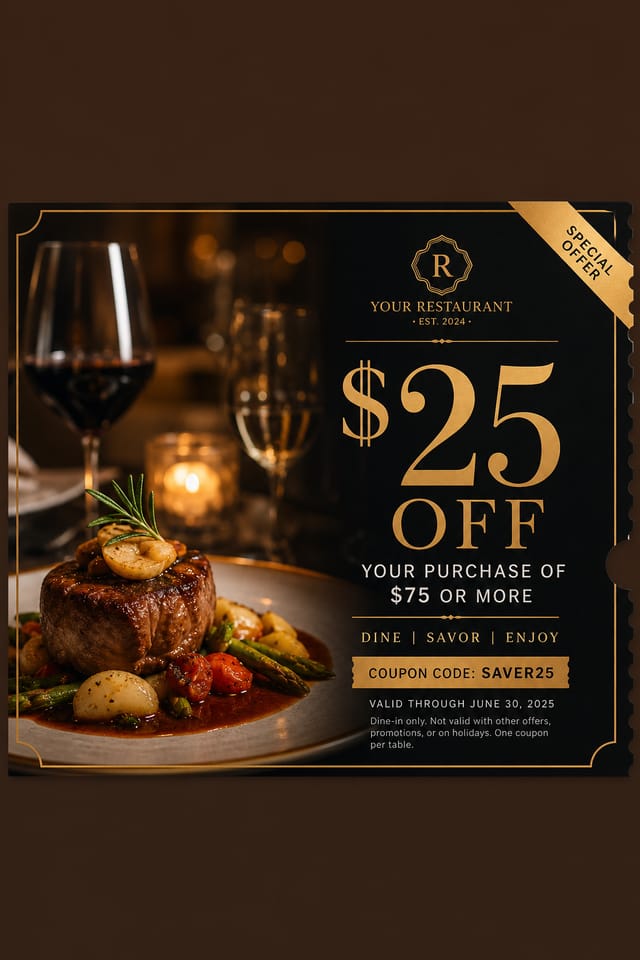 Restaurant Coupon — photo-realistic style coupon, featuring culinary imagery, fine dining, elegant typography, warm gold tones