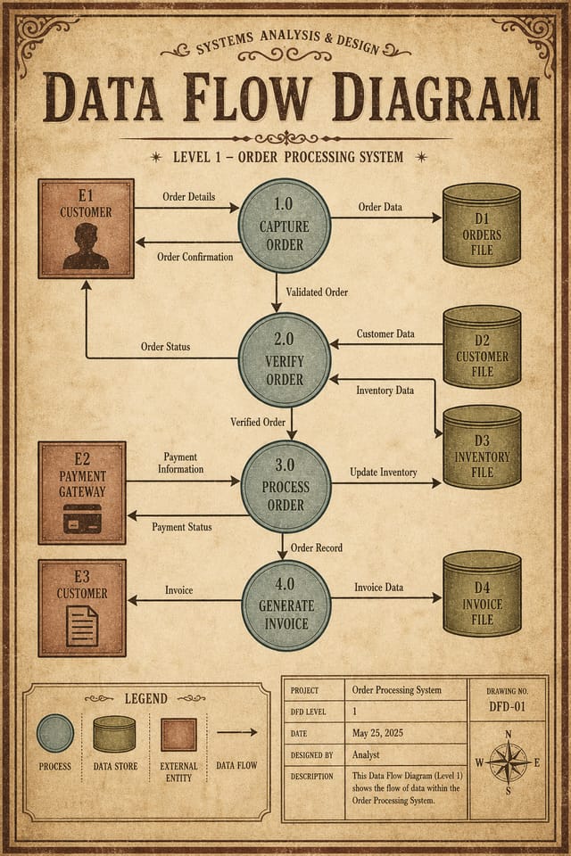 Data Flow Diagram — vintage style diagram