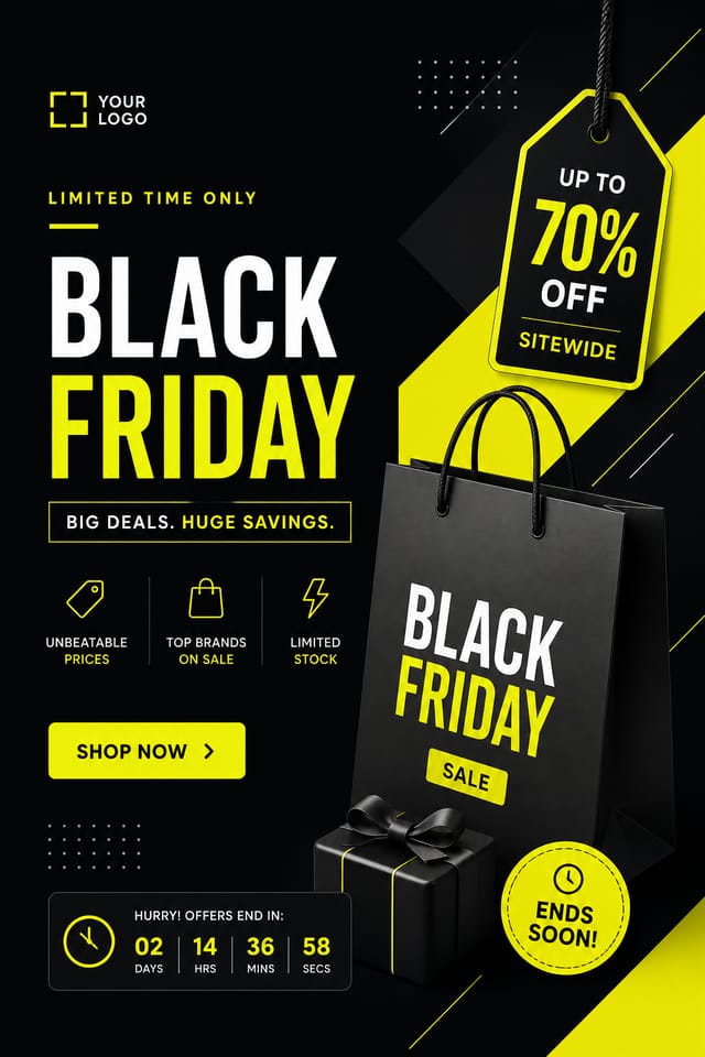 Black Friday Display Ads — modern style display ads, featuring bold black background, neon yellow accents, sale imagery, urgency typography
