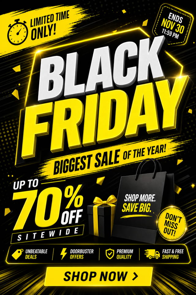 Black Friday Display Ads — vibrant style display ads, featuring bold black background, neon yellow accents, sale imagery, urgency typography