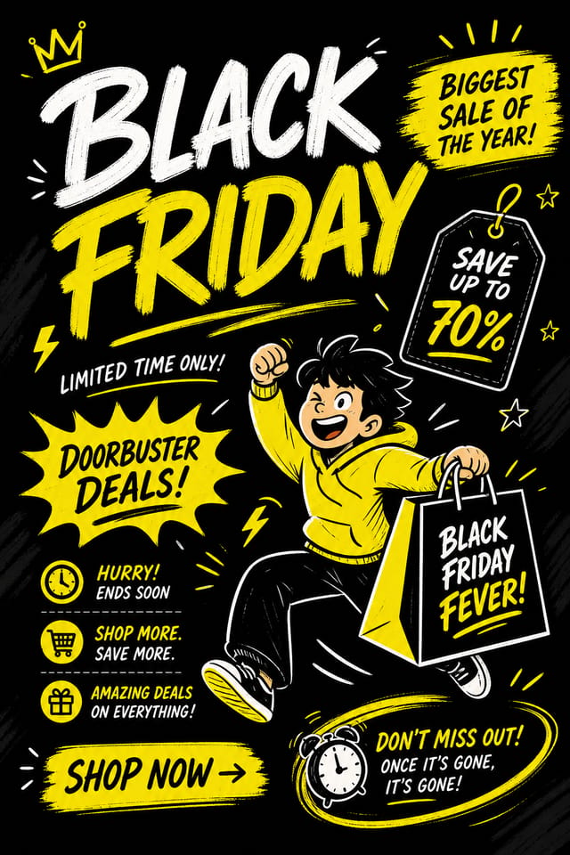 Black Friday Display Ads — illustration style display ads, featuring bold black background, neon yellow accents, sale imagery, urgency typography