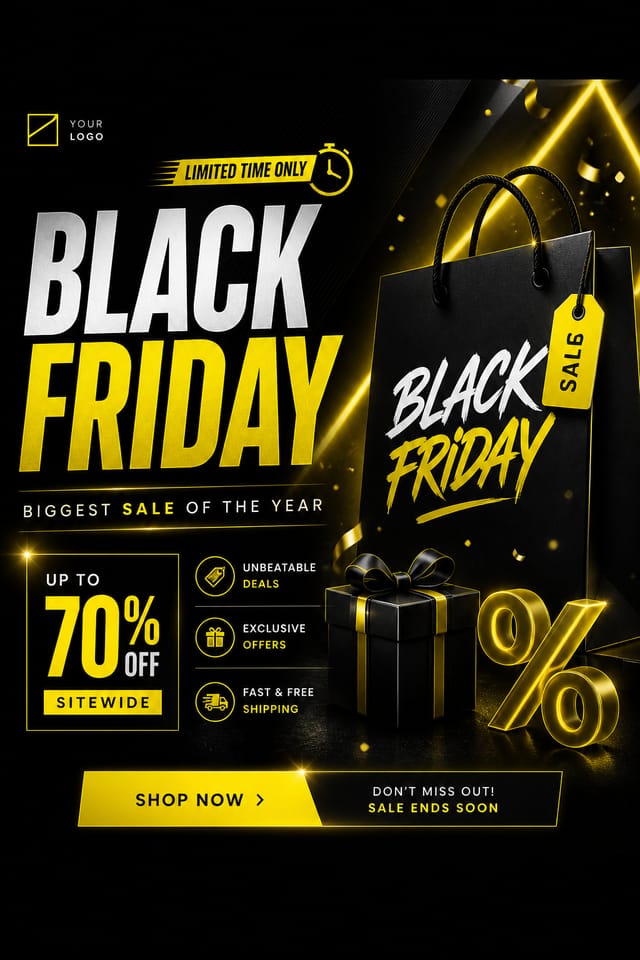 Black Friday Display Ads — elegant style display ads, featuring bold black background, neon yellow accents, sale imagery, urgency typography
