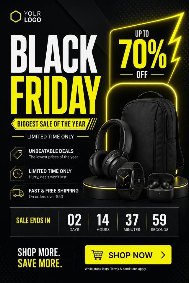 Black Friday Display Ads — corporate style display ads, featuring bold black background, neon yellow accents, sale imagery, urgency typography