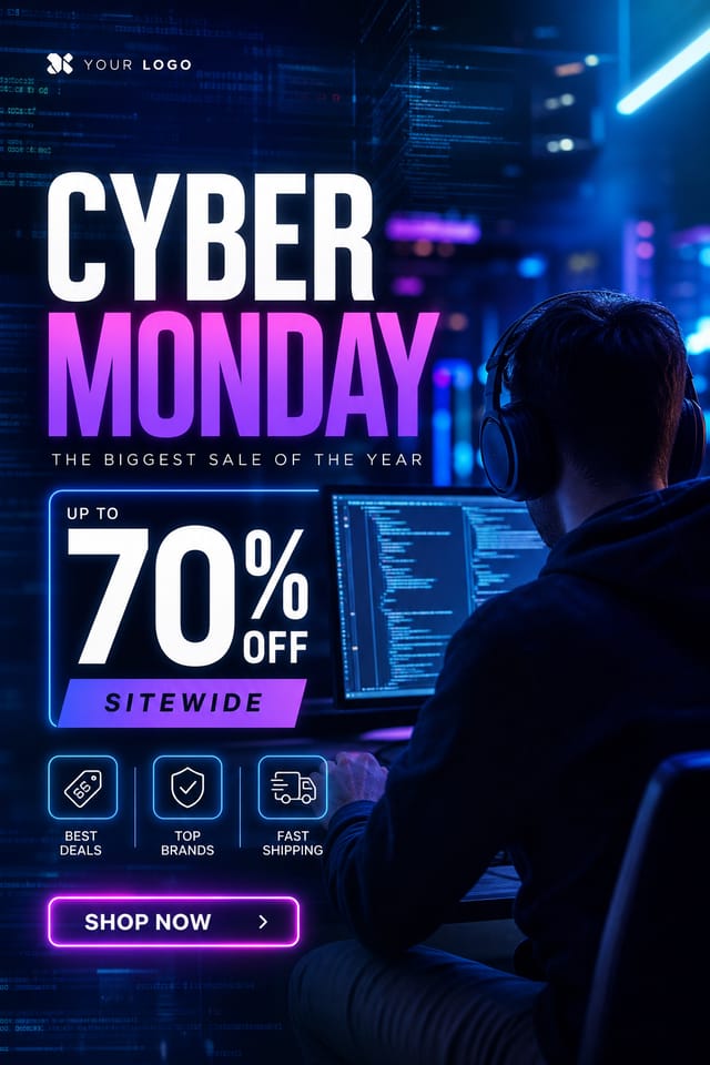 Cyber Monday Display Ads — photo-realistic style display ads, featuring digital tech imagery, neon blue/purple, code patterns, bold sale typography