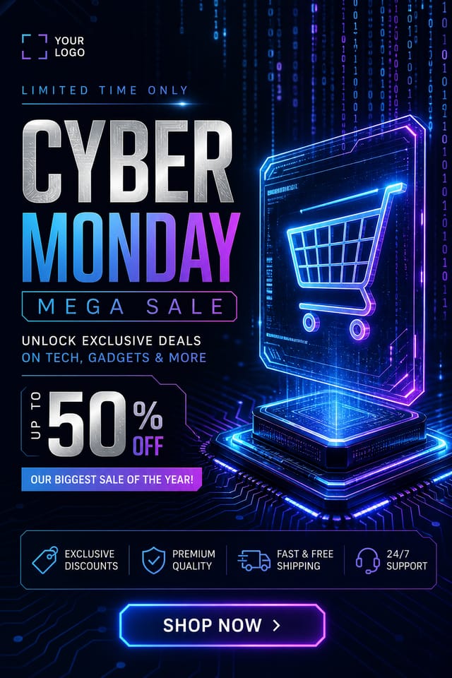 Cyber Monday Display Ads — elegant style display ads, featuring digital tech imagery, neon blue/purple, code patterns, bold sale typography