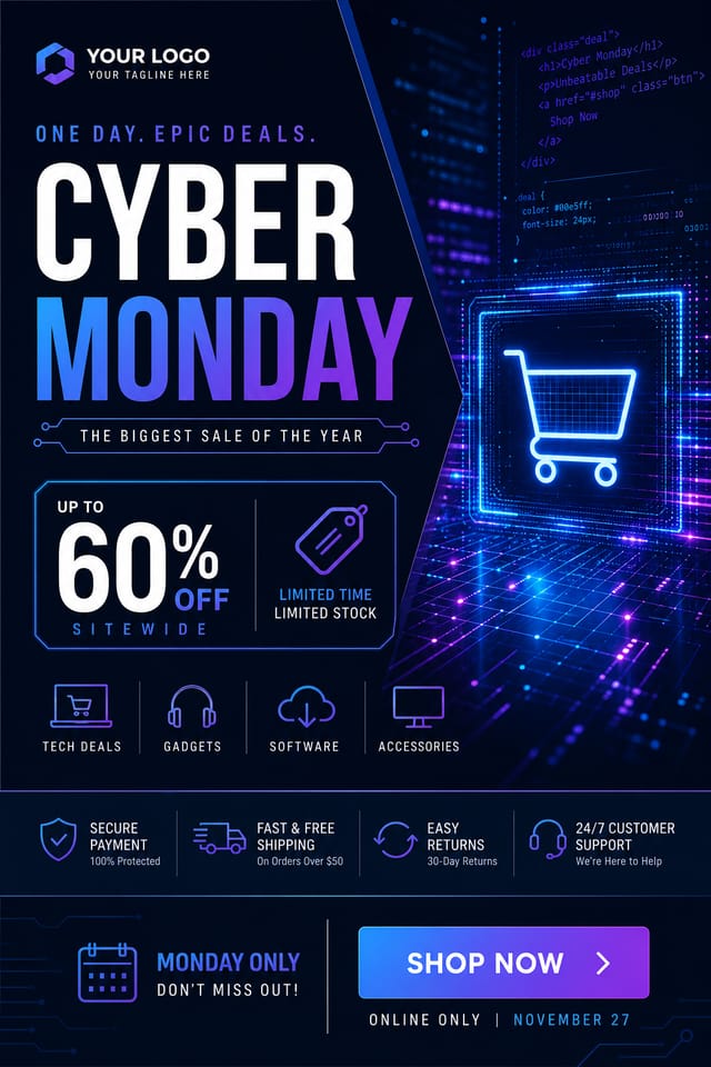 Cyber Monday Display Ads — corporate style display ads, featuring digital tech imagery, neon blue/purple, code patterns, bold sale typography
