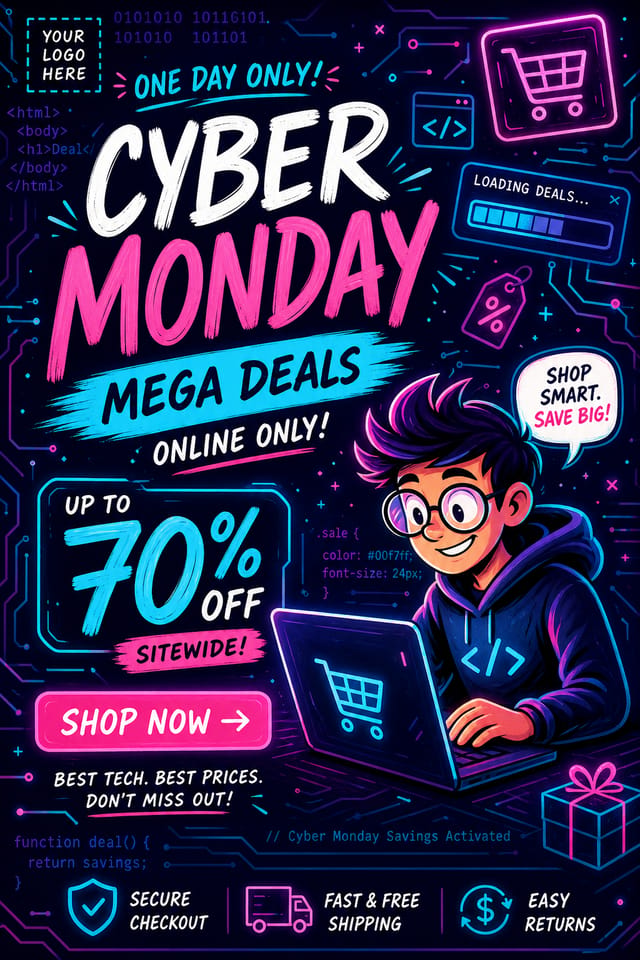 Cyber Monday Display Ads — illustration style display ads, featuring digital tech imagery, neon blue/purple, code patterns, bold sale typography