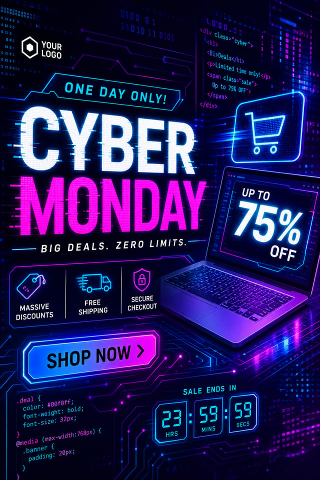 Cyber Monday Display Ads — vibrant style display ads, featuring digital tech imagery, neon blue/purple, code patterns, bold sale typography