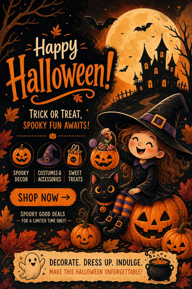 Halloween Display Ads — illustration style display ads, featuring pumpkins, autumn leaves, orange and black palette, spooky silhouettes