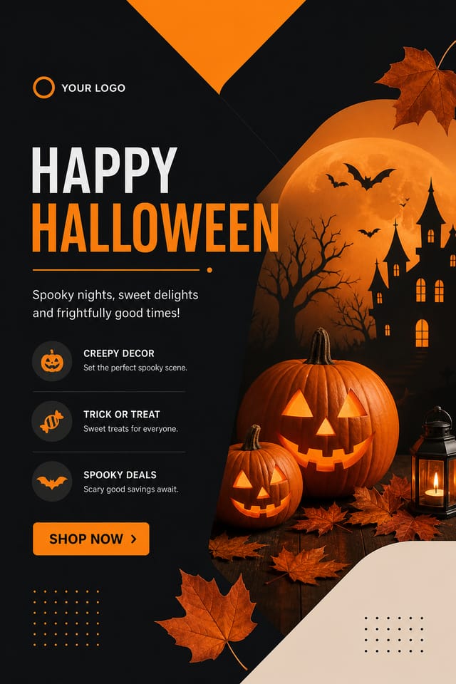 Halloween Display Ads — modern style display ads, featuring pumpkins, autumn leaves, orange and black palette, spooky silhouettes