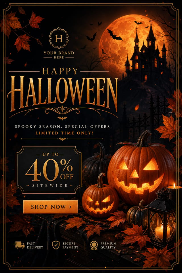 Halloween Display Ads — elegant style display ads, featuring pumpkins, autumn leaves, orange and black palette, spooky silhouettes