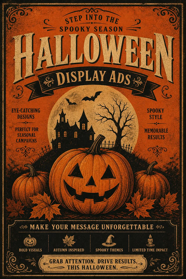 Halloween Display Ads — vintage style display ads, featuring pumpkins, autumn leaves, orange and black palette, spooky silhouettes