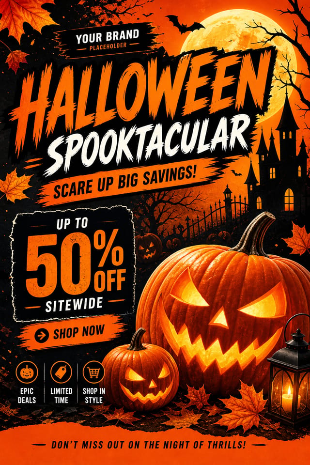 Halloween Display Ads — vibrant style display ads, featuring pumpkins, autumn leaves, orange and black palette, spooky silhouettes