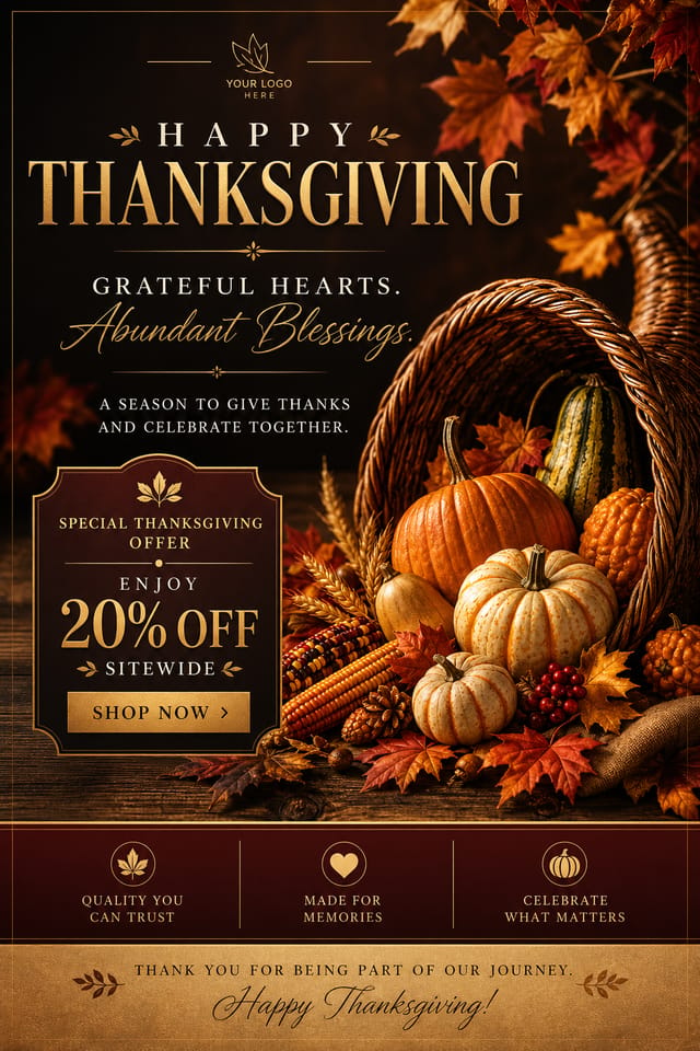 Thanksgiving Display Ads — elegant style display ads, featuring autumn harvest, pumpkins, fall leaves, warm browns and oranges, cornucopia