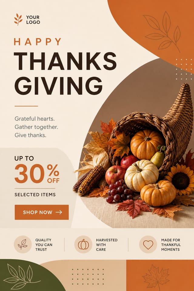 Thanksgiving Display Ads — modern style display ads, featuring autumn harvest, pumpkins, fall leaves, warm browns and oranges, cornucopia